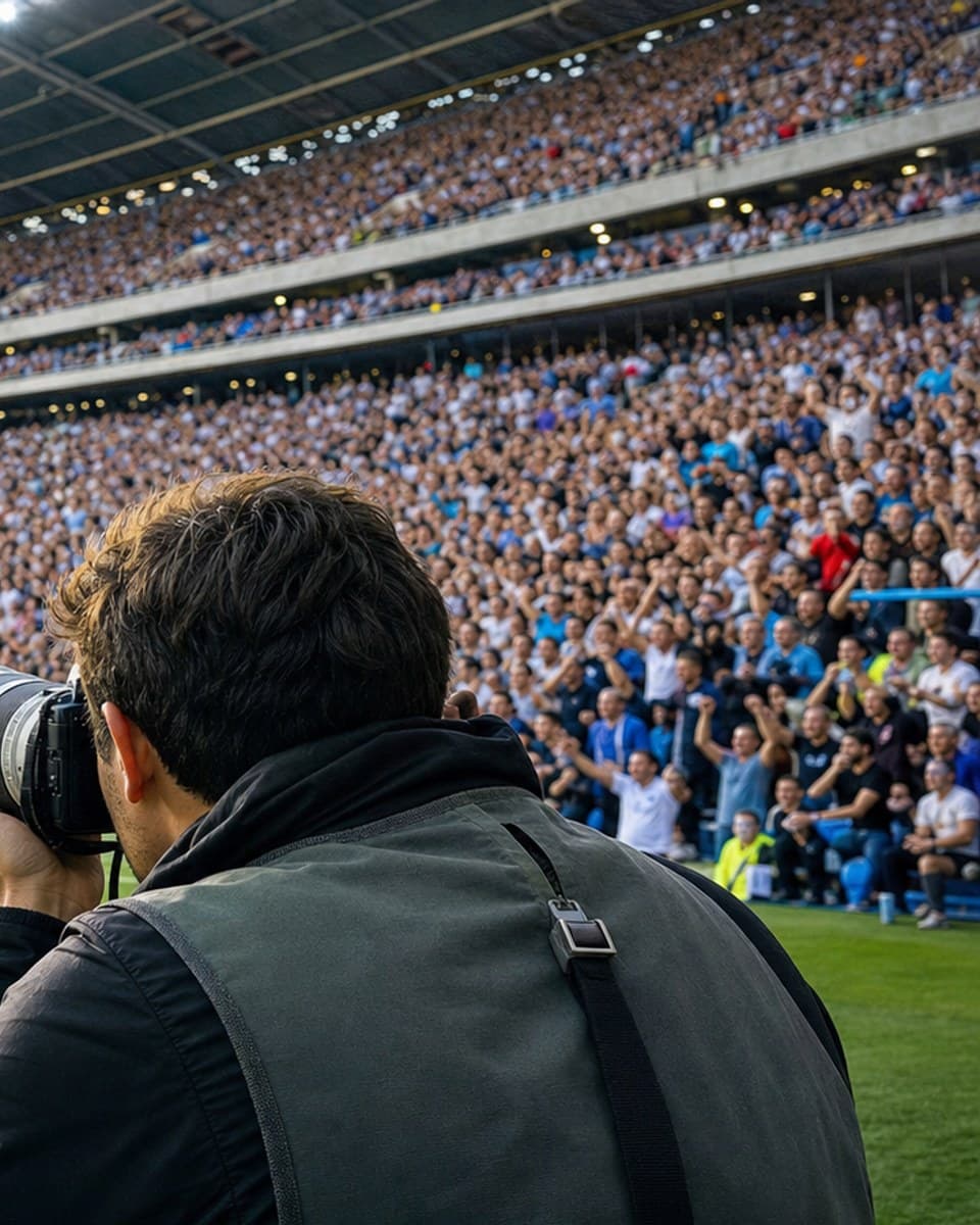 Fotógrafo profissional registrando o público durante um evento esportivo